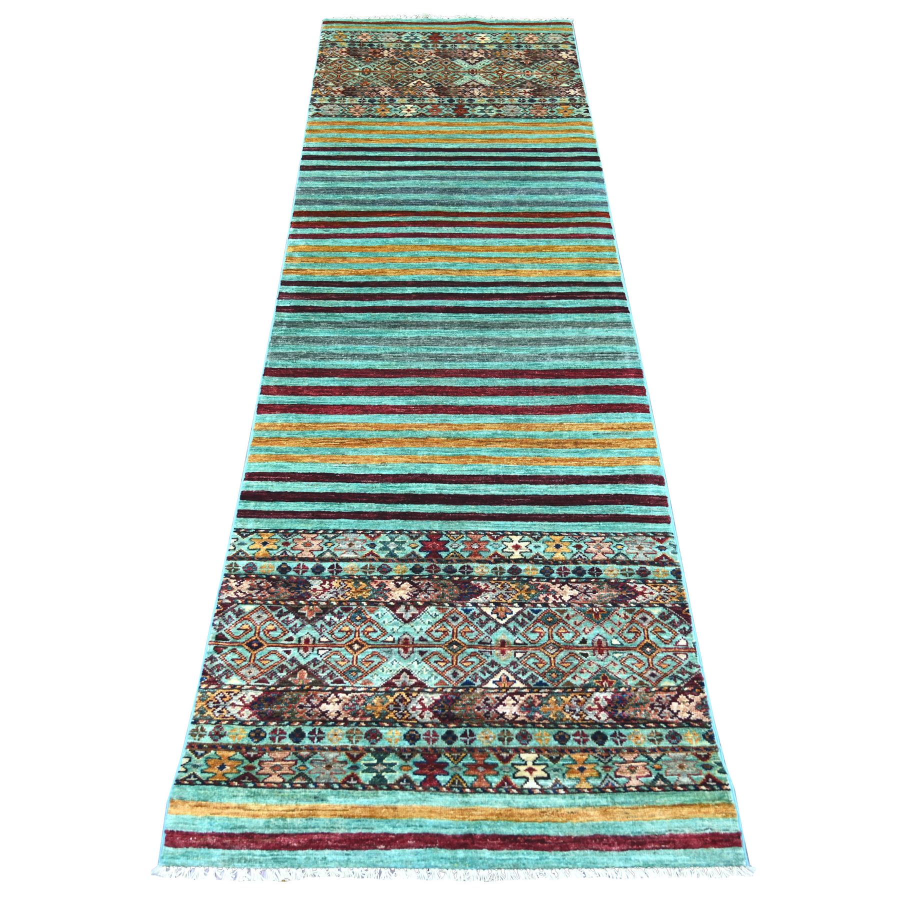 Sea Mist Green, Afghan Super Kazak with Khorjin Design, Pure Wool, Hand Knotted, Vegetable Dyes, Runner, Oriental Rug